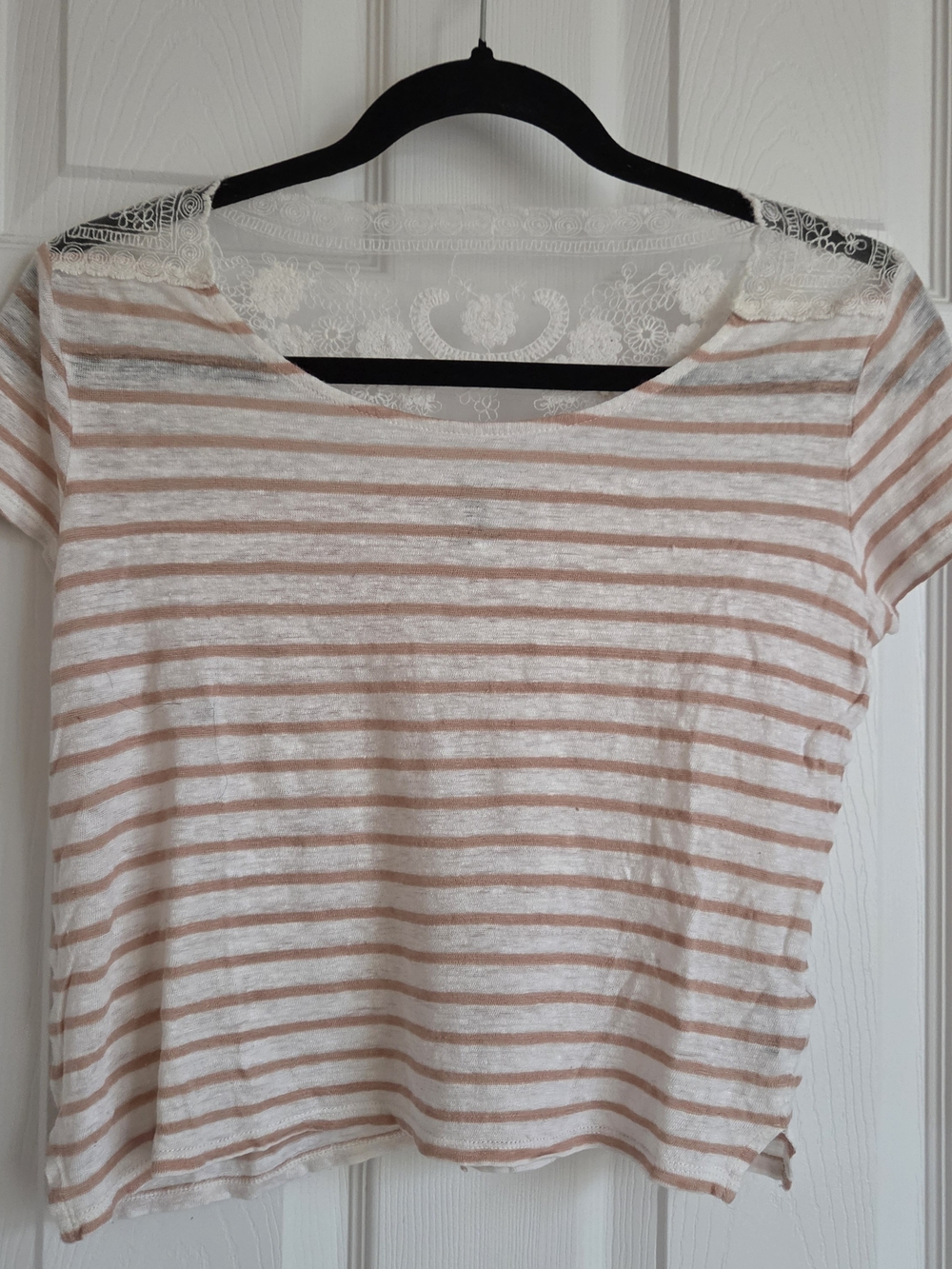 Forever 21 Vintage Y2K White & Light Brown Striped Linen Lace-Back Tee
